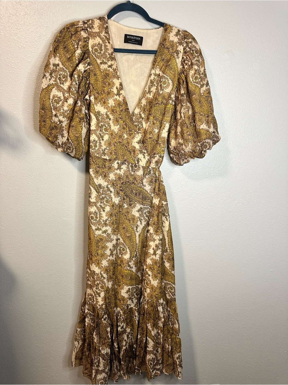 Minkpink Paisley Wrap Midi Dress Puff Sleeve Boho Cottagecore Small